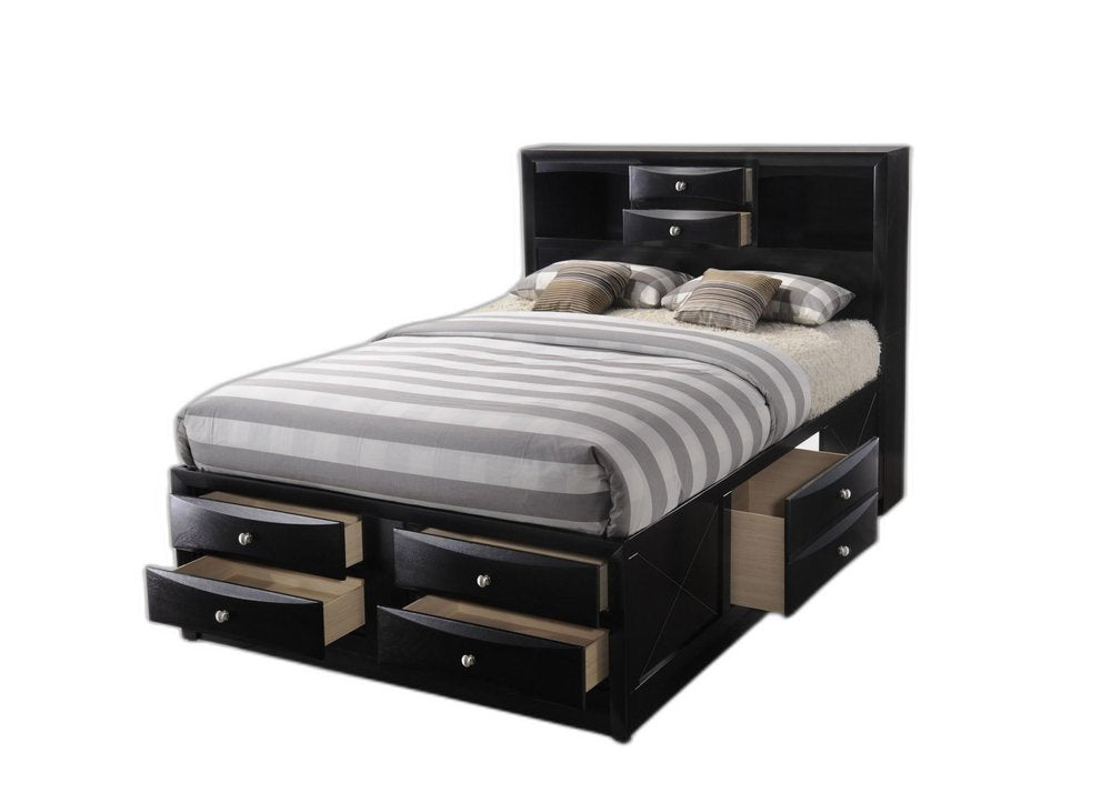 Black wood full-size bed frame with ten drawers.