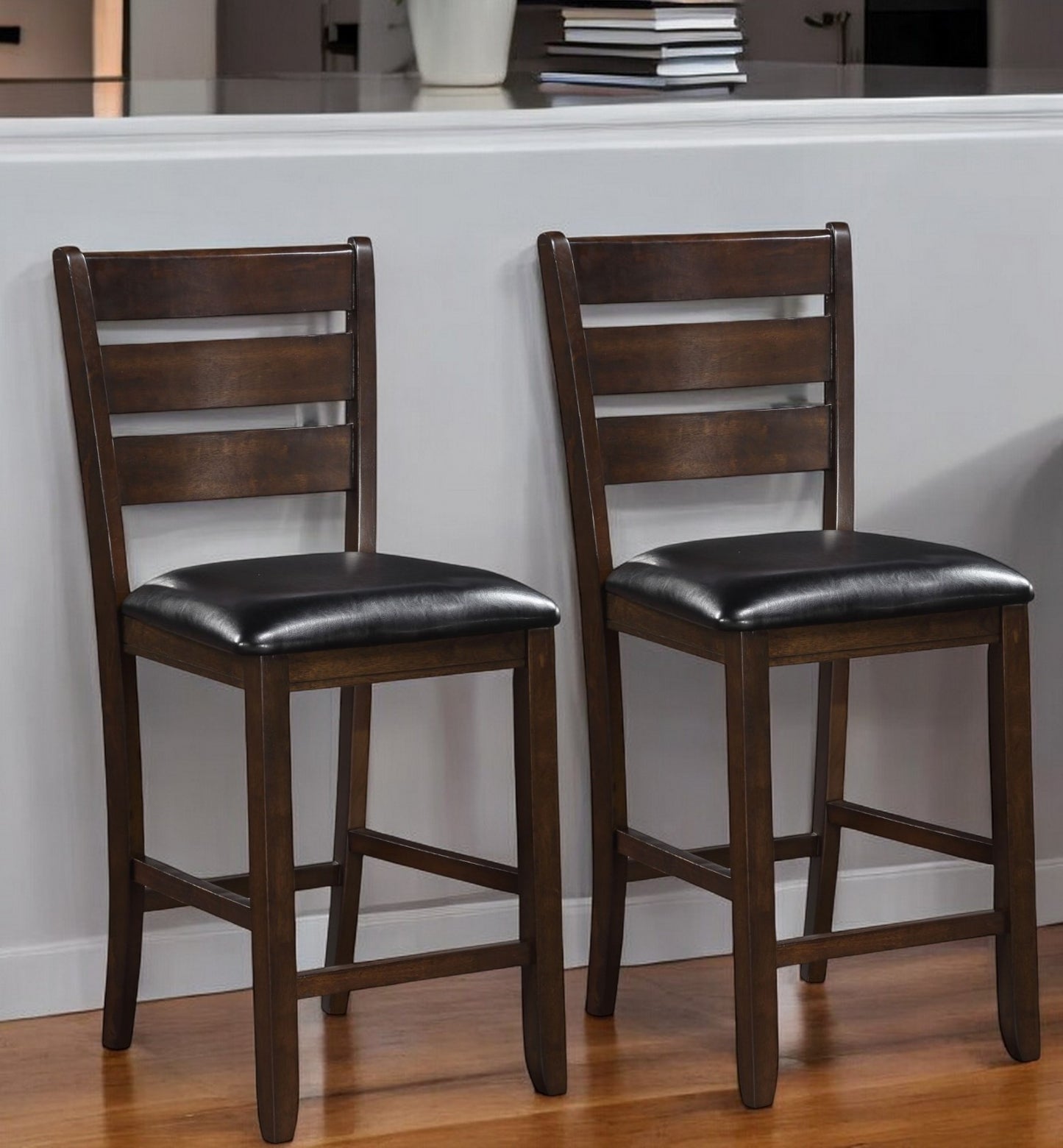 Set of Two 41" Black And Brown Faux Leather And Solid Wood Counter Height Bar Chairs