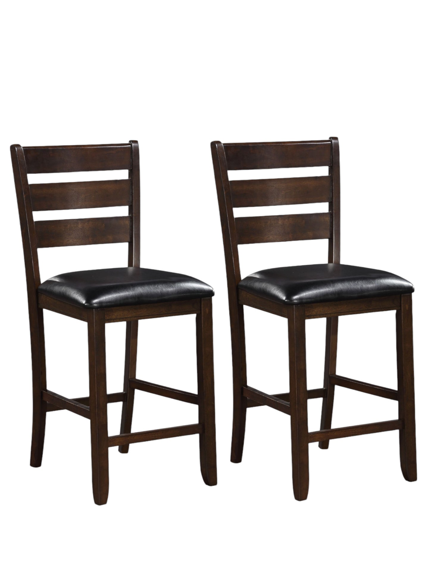 Set of Two 41" Black And Brown Faux Leather And Solid Wood Counter Height Bar Chairs