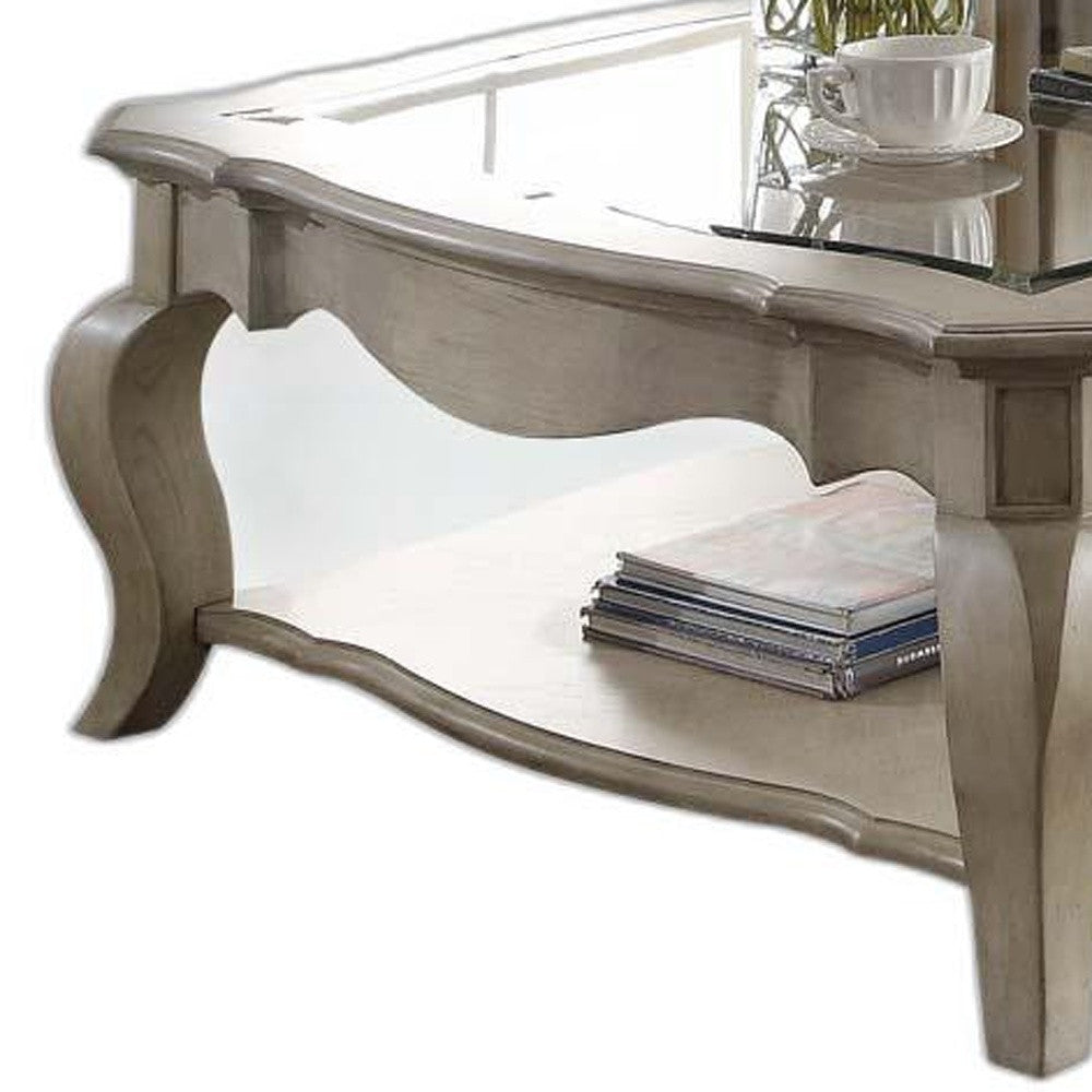 42" Clear And Taupe Glass And Solid Wood Square Coffee Table With Shelf