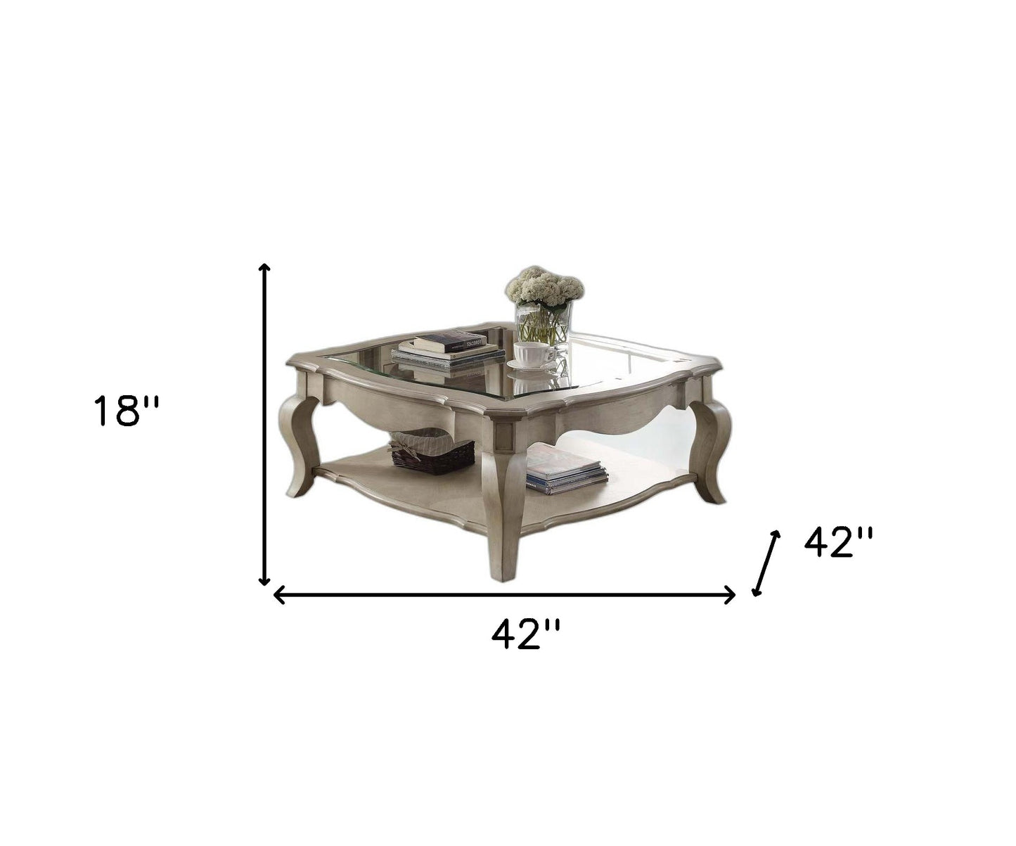 42" Clear And Taupe Glass And Solid Wood Square Coffee Table With Shelf