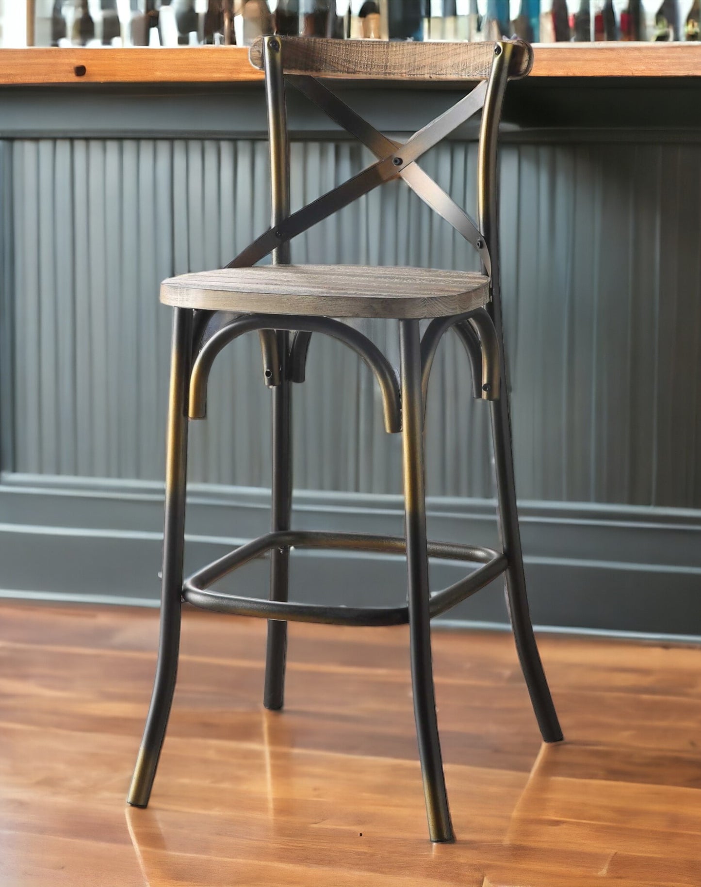 43" Oak And Black and Gold Solid Wood And Metal Bar Height Bar Chair