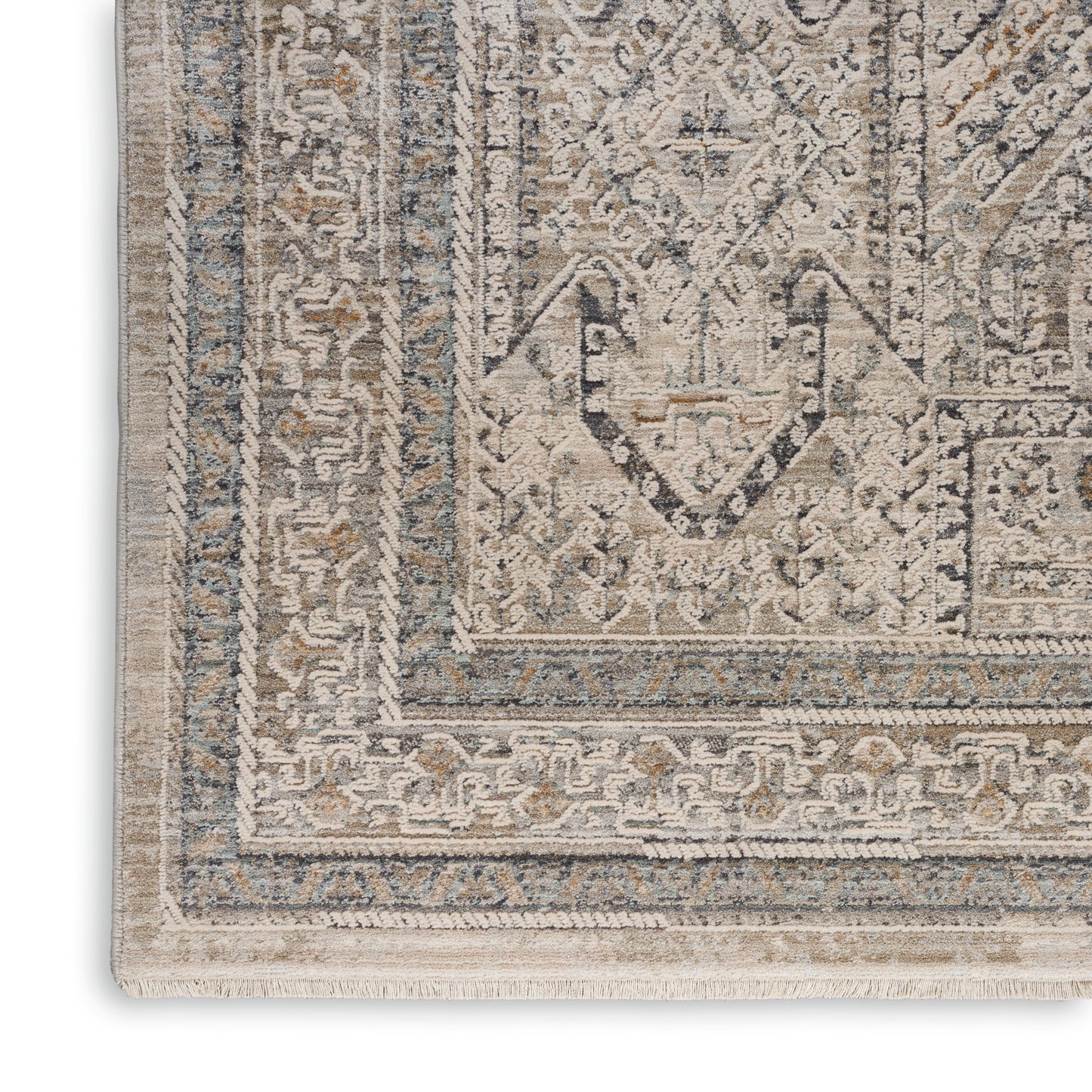 Close-up of a beige oriental rug with blue-gray borders, intricate medallion and floral motifs, and fringed edge.