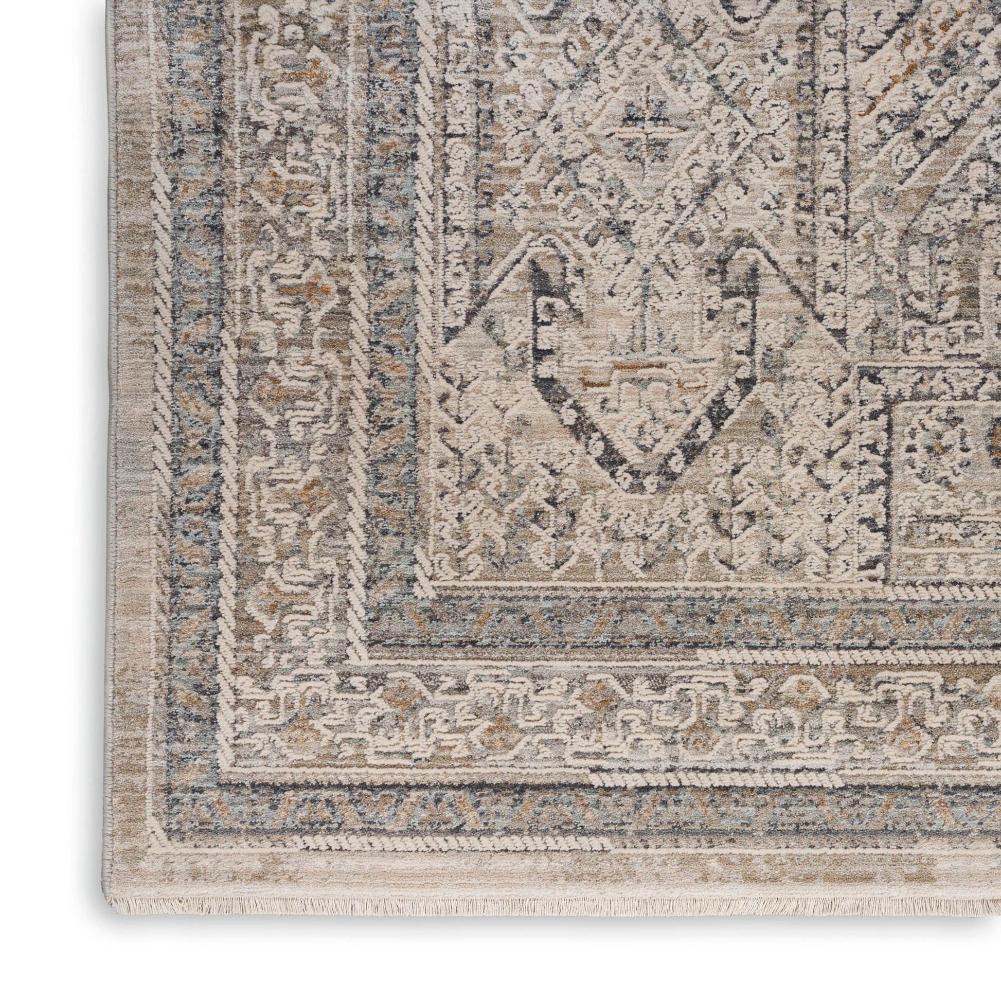 Close-up of a beige oriental rug with blue-gray borders, intricate medallion and floral motifs, and fringed edge.