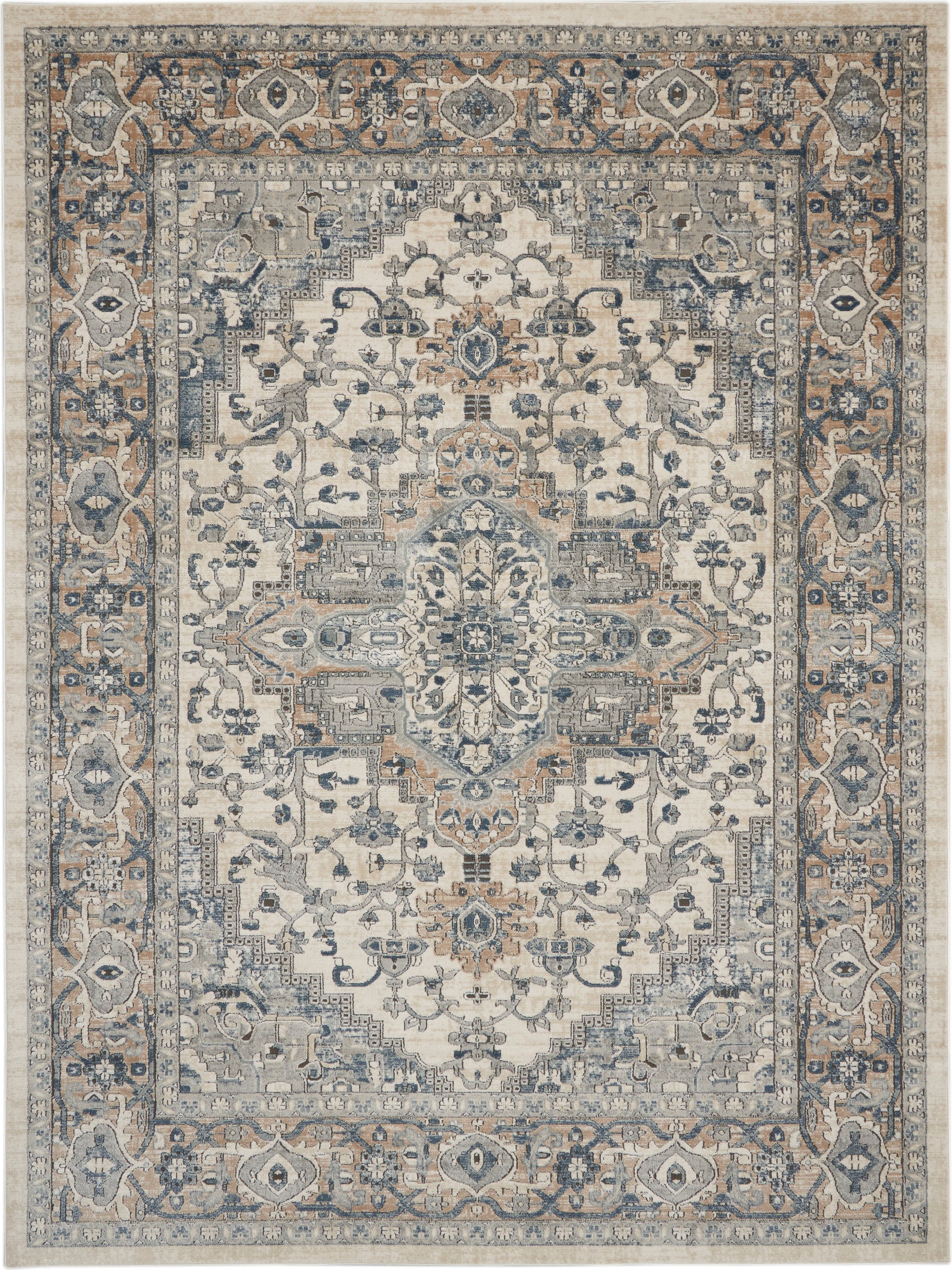 Intricate Persian-style rug with ivory center, blue-gray floral medallion and ornate border patterns.