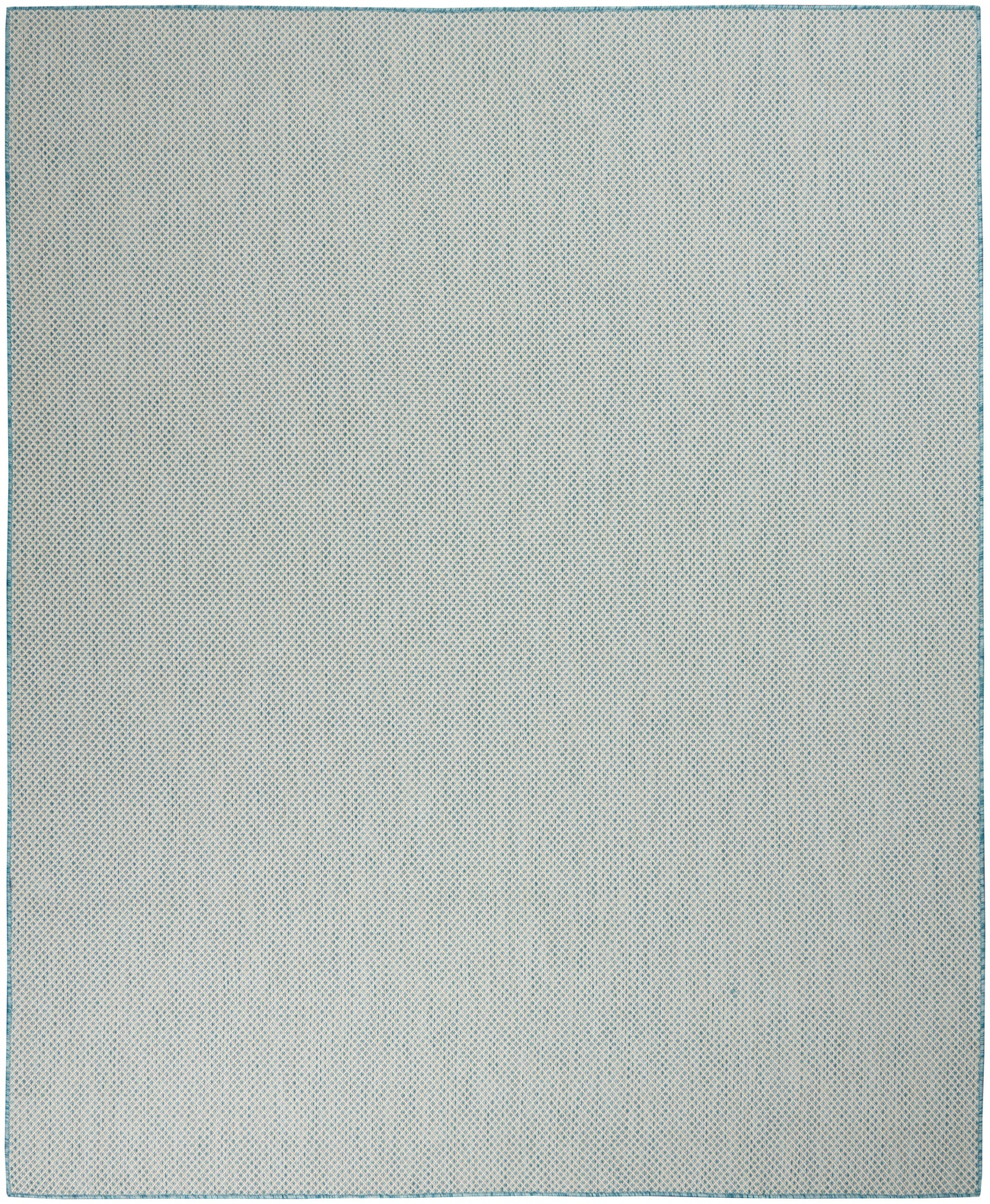 Rectangular light gray rug with a tiny teal dot pattern and teal edge border; minimalist geometric design.