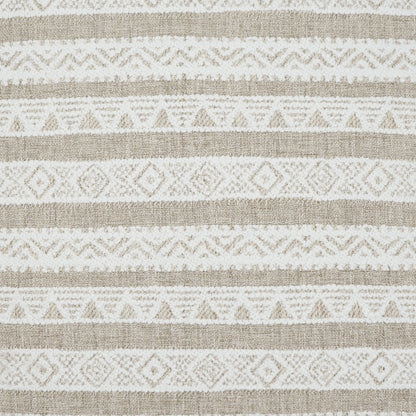 Beige and ivory woven pillow with geometric diamond and chevron patterns and a striped motif.