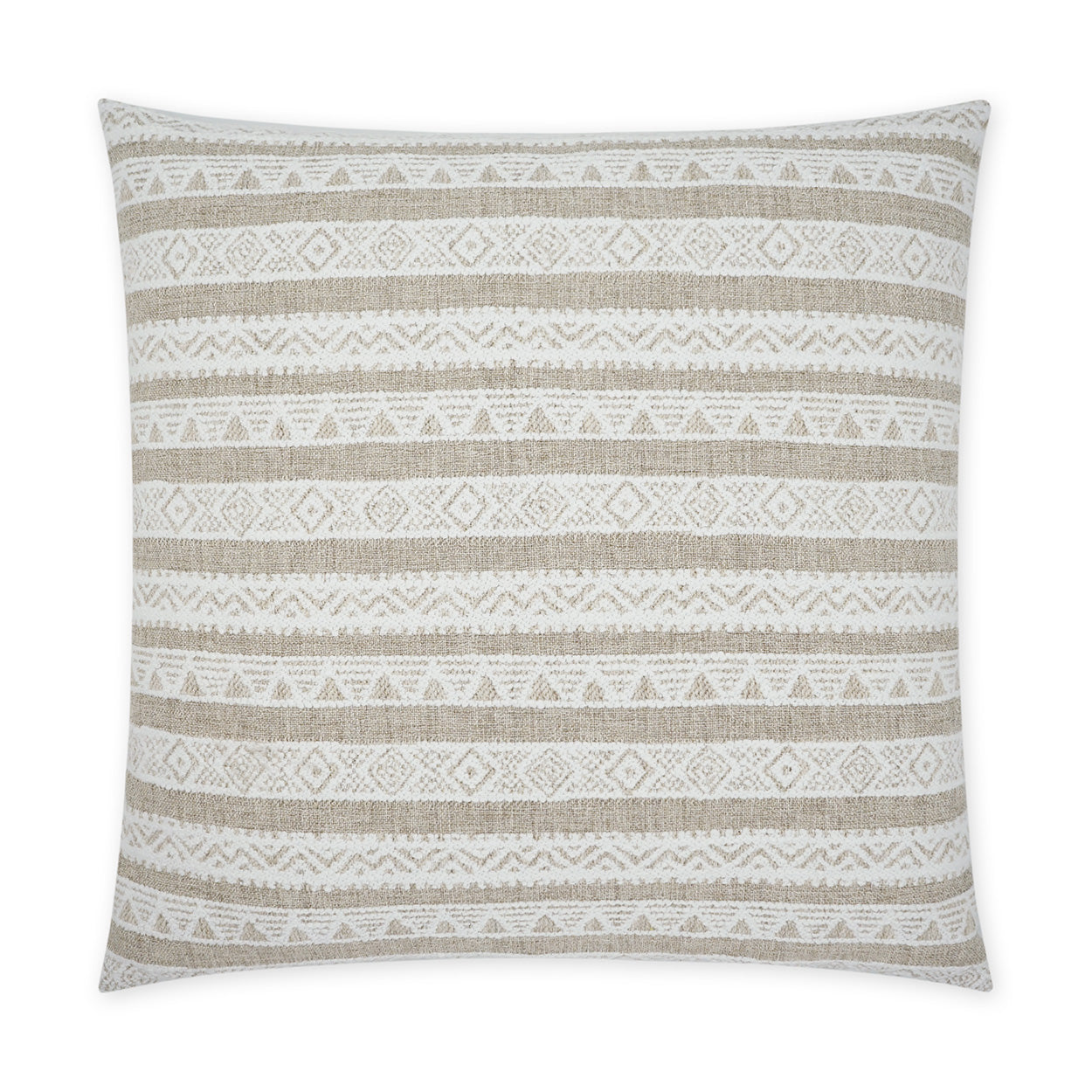 Square throw pillow in beige and white with a woven geometric tribal stripe pattern; neutral boho decor cushion.