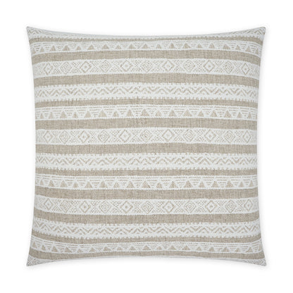 Square throw pillow in beige and white with a woven geometric tribal stripe pattern; neutral boho decor cushion.