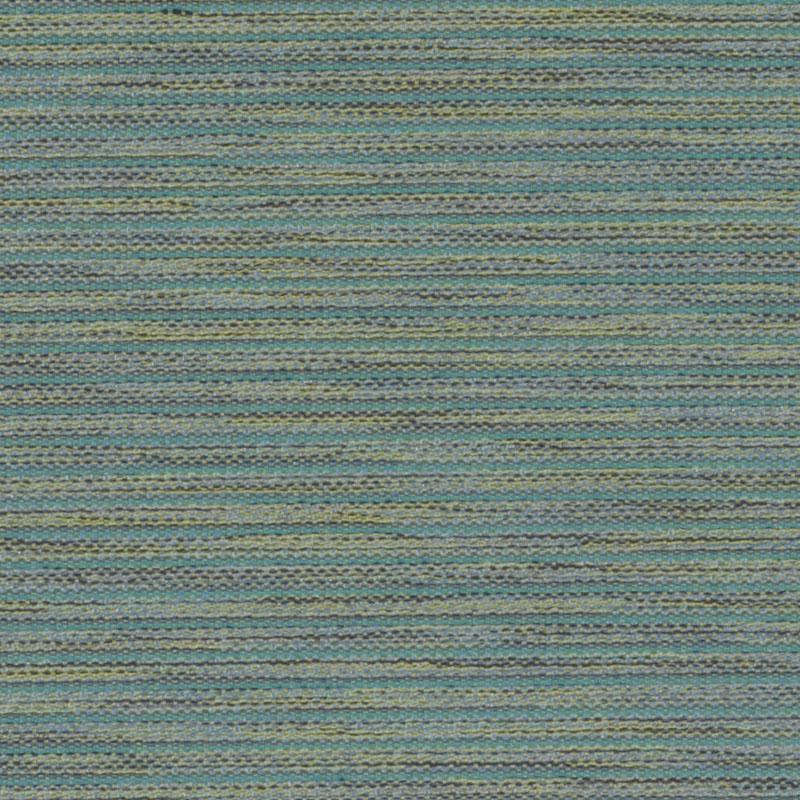 Woven striped upholstery fabric in blue-green palette with thin tan and gray threads.
