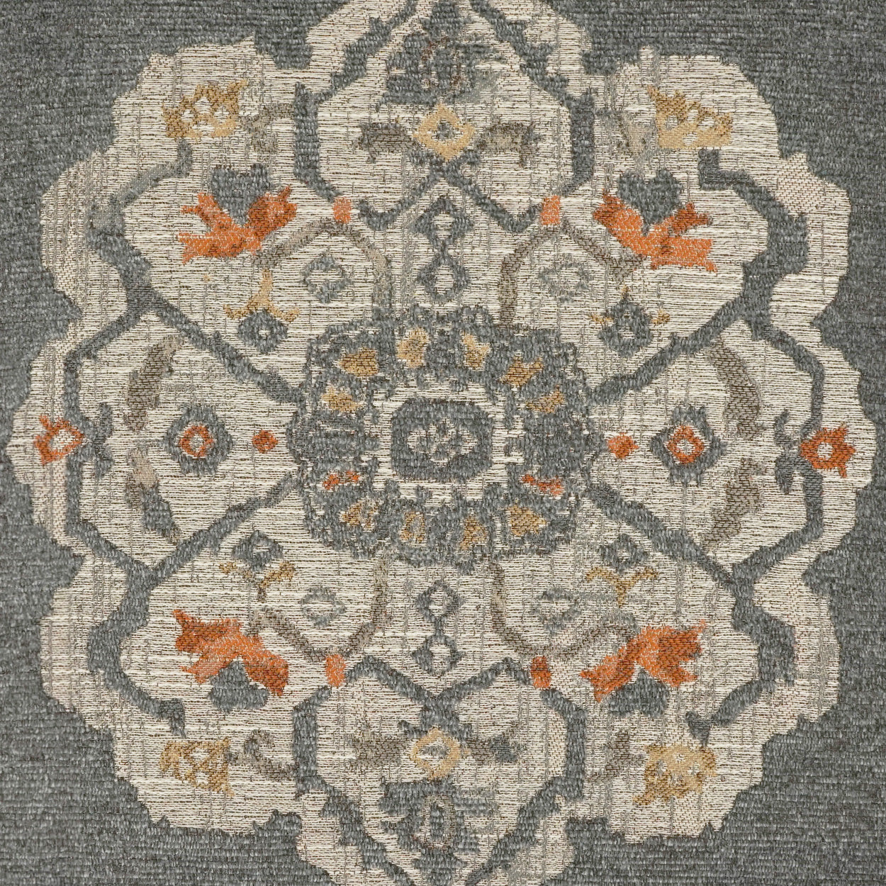 Grey-blue woven pillow, 24" x 24", with cream mandala medallion and orange floral accents; vintage geometric pattern.