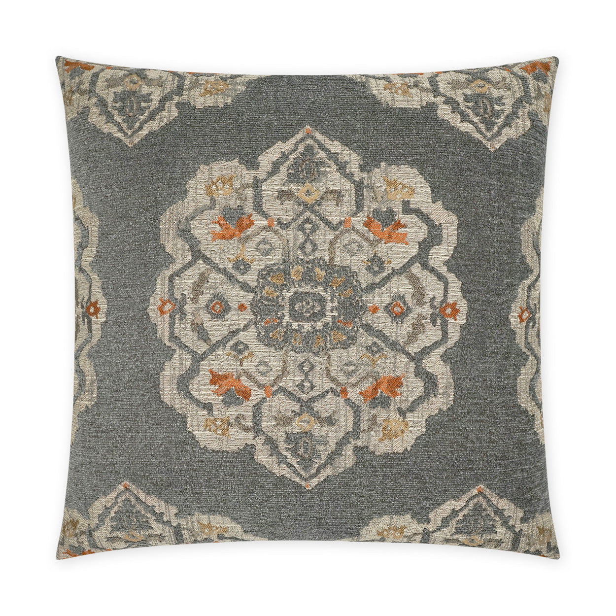 Gray square throw pillow with ivory oriental medallion pattern and orange accents; woven fabric.