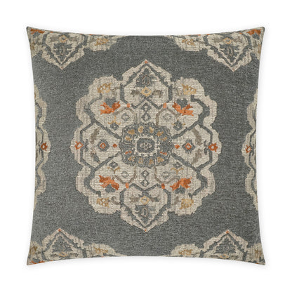Gray square throw pillow with ivory oriental medallion pattern and orange accents; woven fabric.