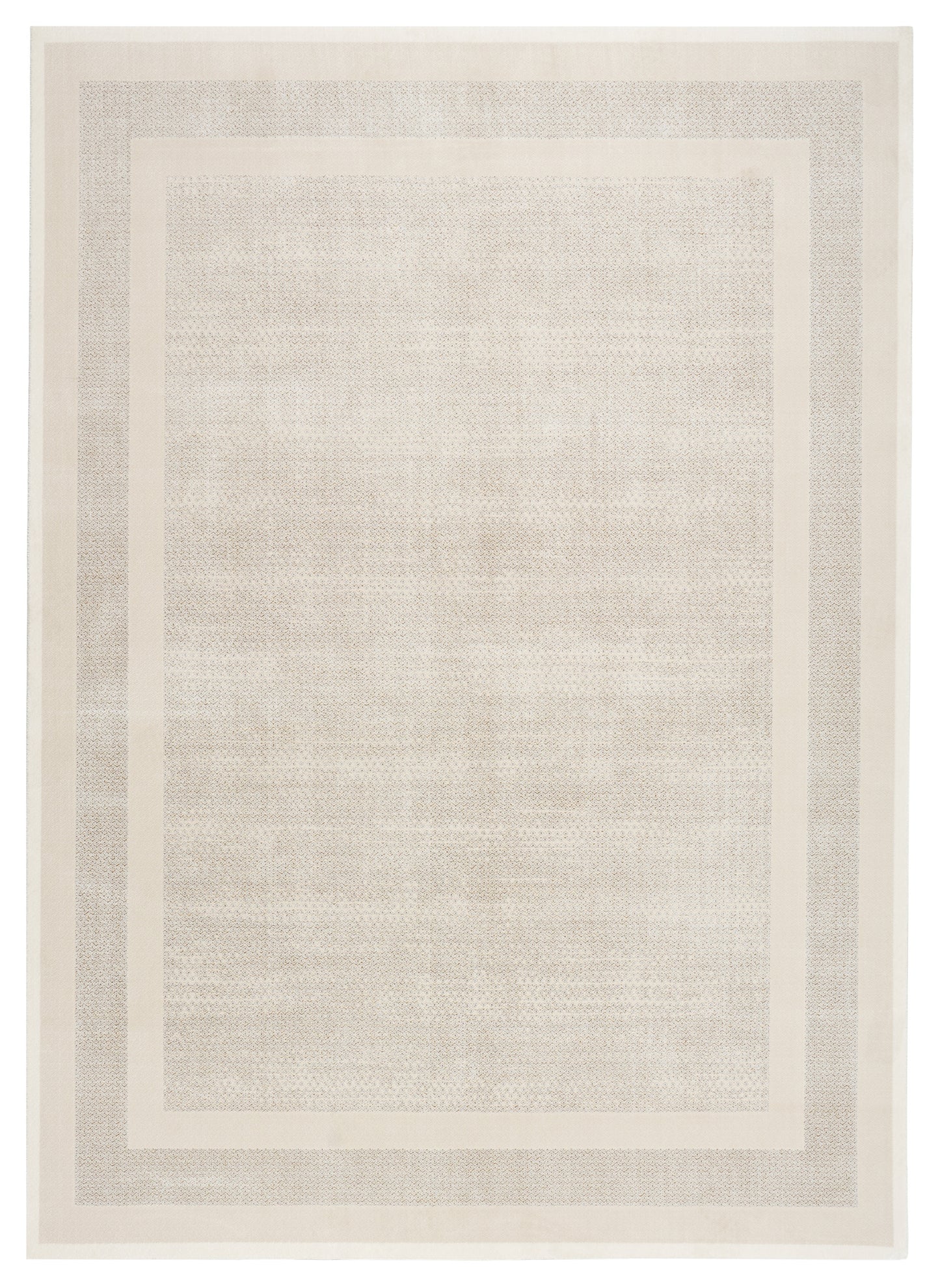 Beige rectangular area rug with layered pale borders and subtle textured center; minimalist contemporary style.