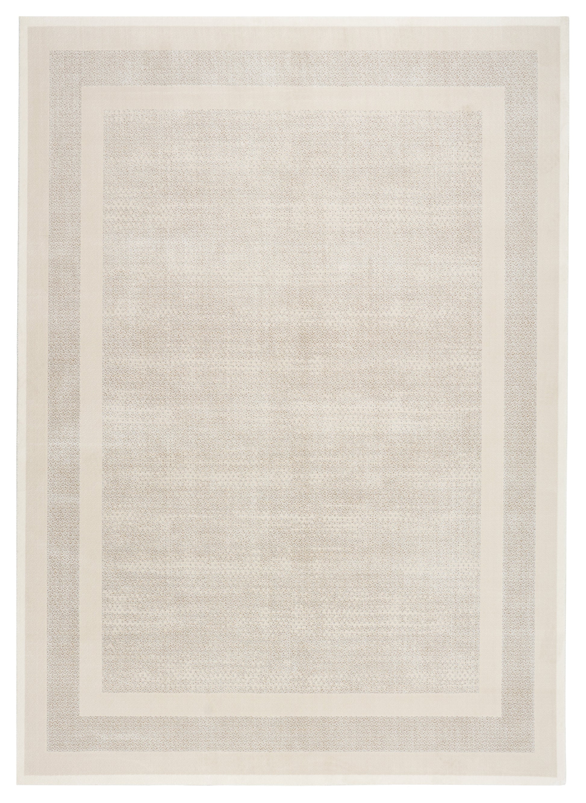 Beige rectangular area rug with layered pale borders and subtle textured center; minimalist contemporary style.