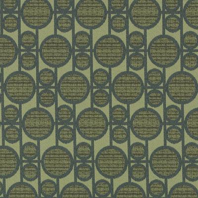 Emerald green fabric with repeating dark circle motifs & interconnected rings in a geometric vintage pattern.