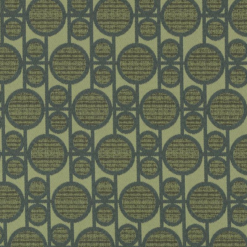 Olive green fabric with repeating dark navy circular medallions linked by bars; geometric retro pattern.