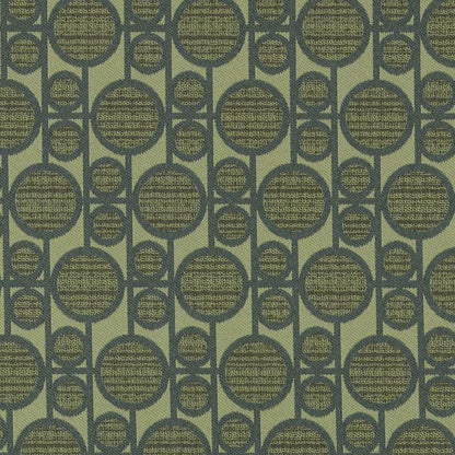 Olive green fabric with repeating dark navy circular medallions linked by bars; geometric retro pattern.