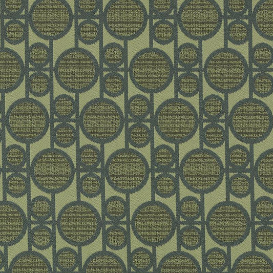 Olive green fabric with repeating dark navy circular medallions linked by bars; geometric retro pattern.