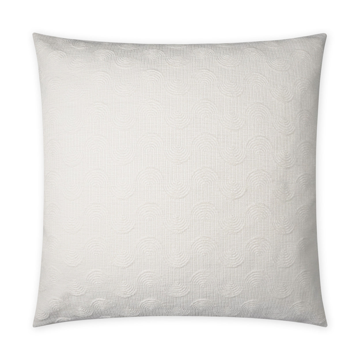 Cream square decorative pillow with subtle circular quilted pattern and soft textured fabric.