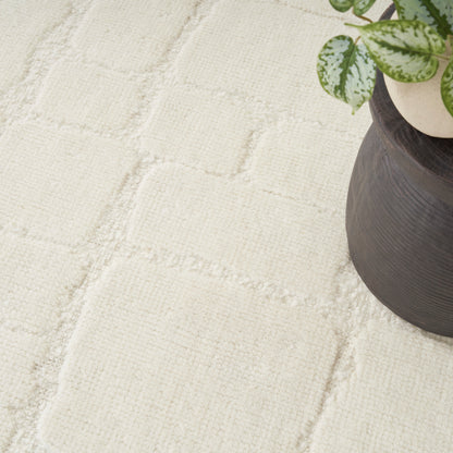 Cream textured rug with square tufted blocks; neutral decor beside a dark planter with a green variegated plant.