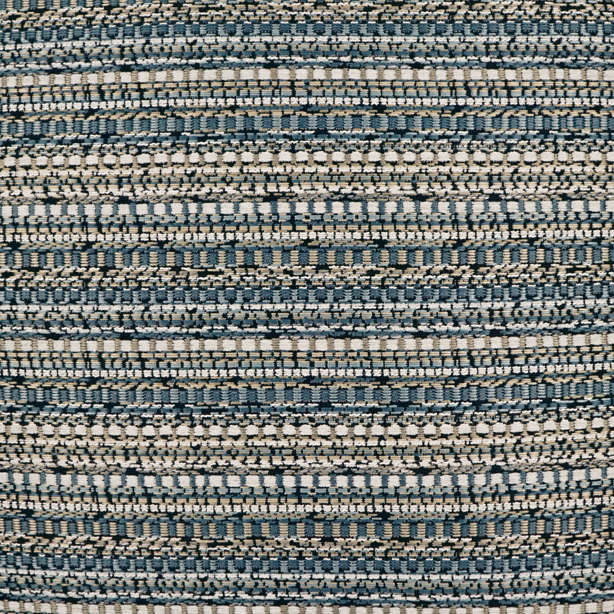 Woven striped fabric in blue, gray and beige with a textured geometric band pattern; ideal for upholstery or throw.