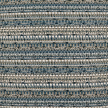 Woven striped fabric in blue, gray and beige with a textured geometric band pattern; ideal for upholstery or throw.