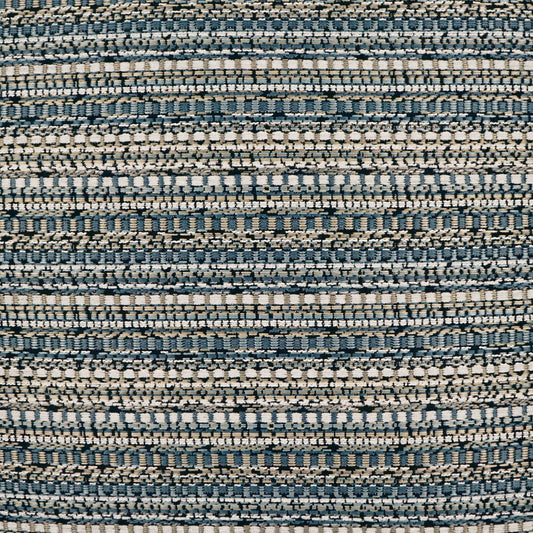 Close-up of blue and cream woven fabric with horizontal striped pattern and small block motifs; upholstery use.