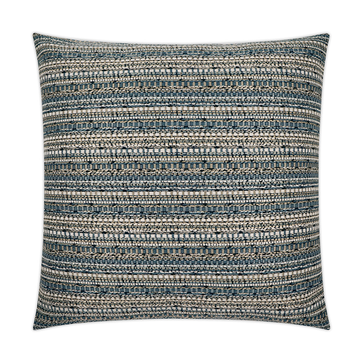 Square decorative throw pillow in blue, beige & gray woven stripes; textured coastal style, perfect for sofa or bed.