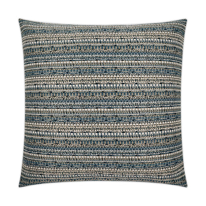 Square decorative throw pillow in blue, beige & gray woven stripes; textured coastal style, perfect for sofa or bed.
