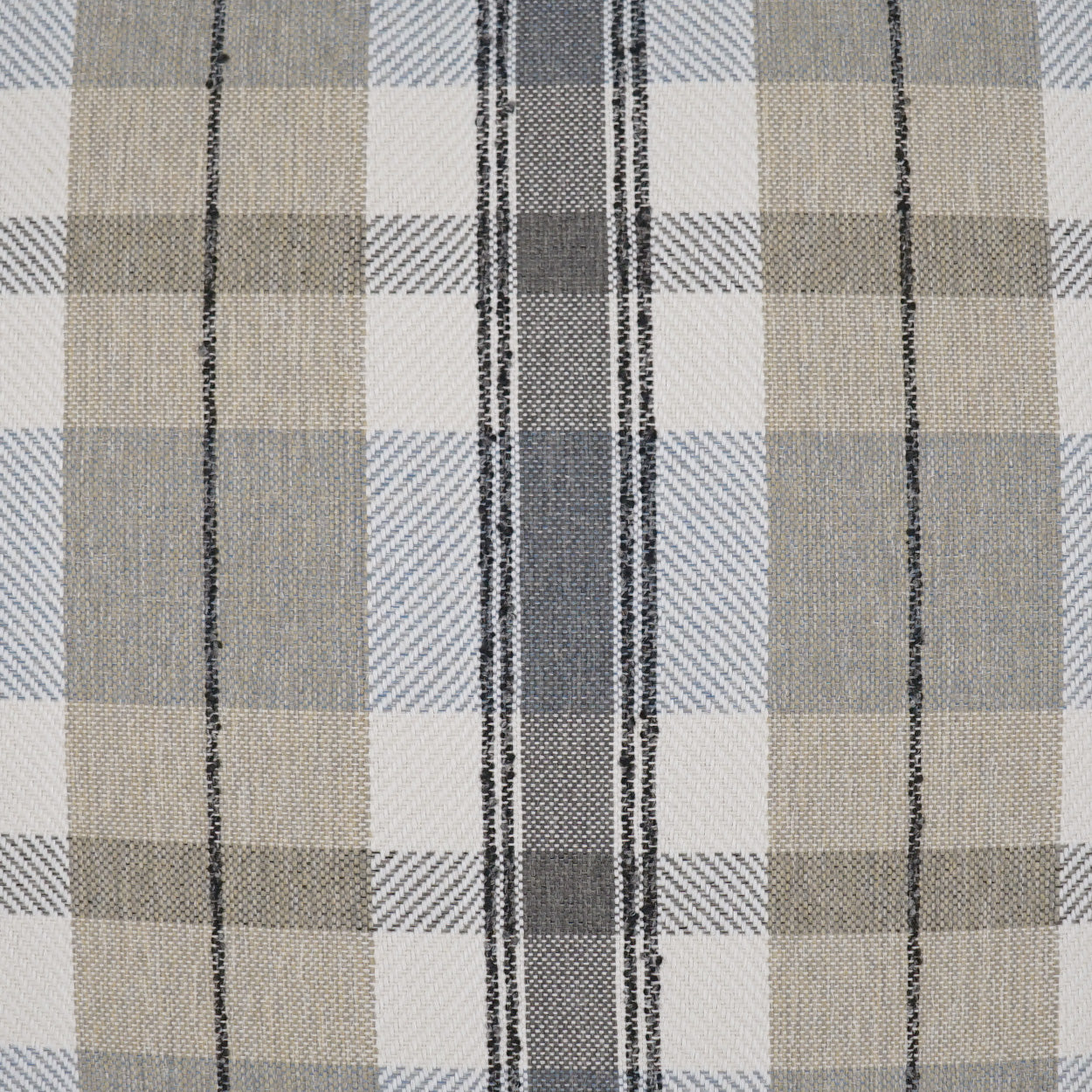 Beige, gray, and white plaid woven fabric with slim black stripes; classic tartan-inspired textile.