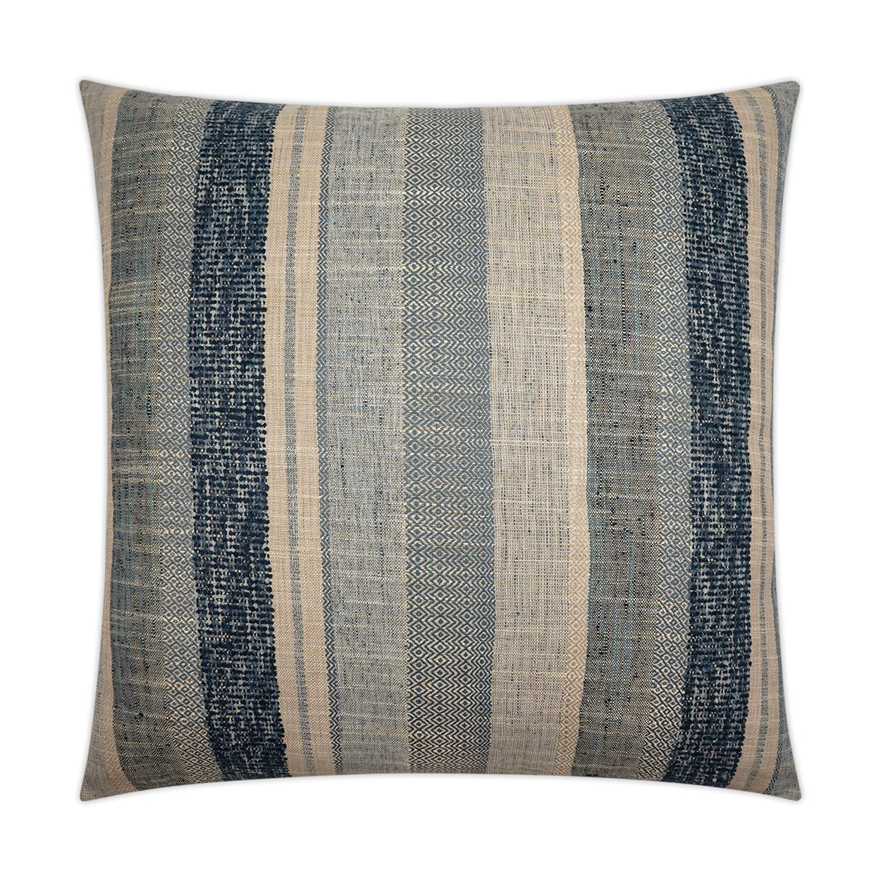 Square striped woven pillow in navy blue & beige with geometric patterns; perfect for sofa or bed.