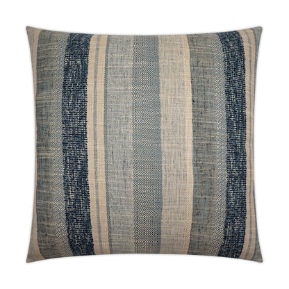 Square striped woven pillow in navy blue & beige with geometric patterns; perfect for sofa or bed.