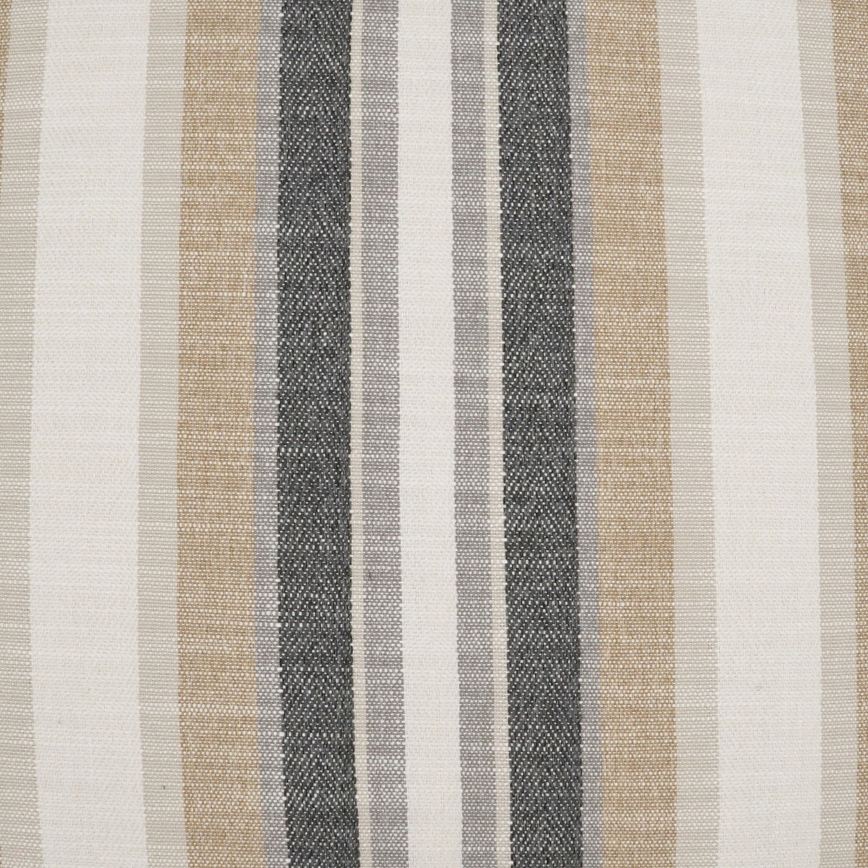 Woven fabric with vertical beige, tan, white and charcoal gray stripes; classic striped textile.