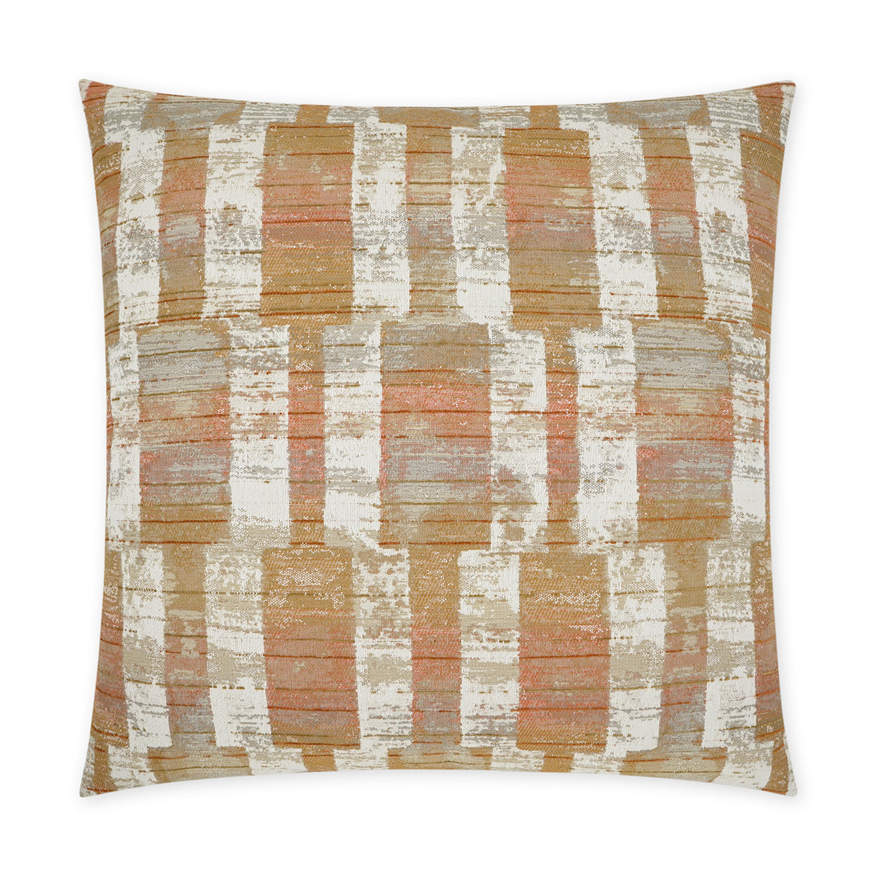 Woven throw pillow with abstract geometric block pattern in cream, tan, and rust orange.