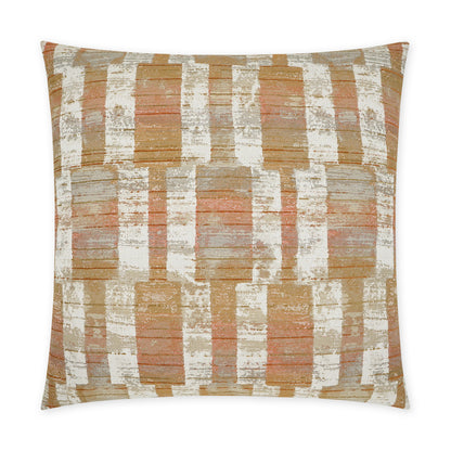 Woven throw pillow with abstract geometric block pattern in cream, tan, and rust orange.