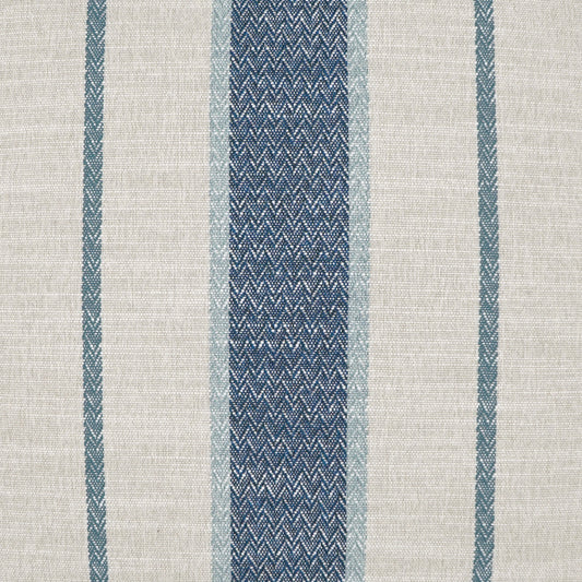 Beige woven fabric with vertical blue stripes; wide navy chevron-textured center stripe flanked by lighter blue bands.