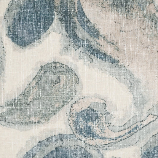 Blue and ivory damask-patterned woven fabric with swirling scroll motifs.