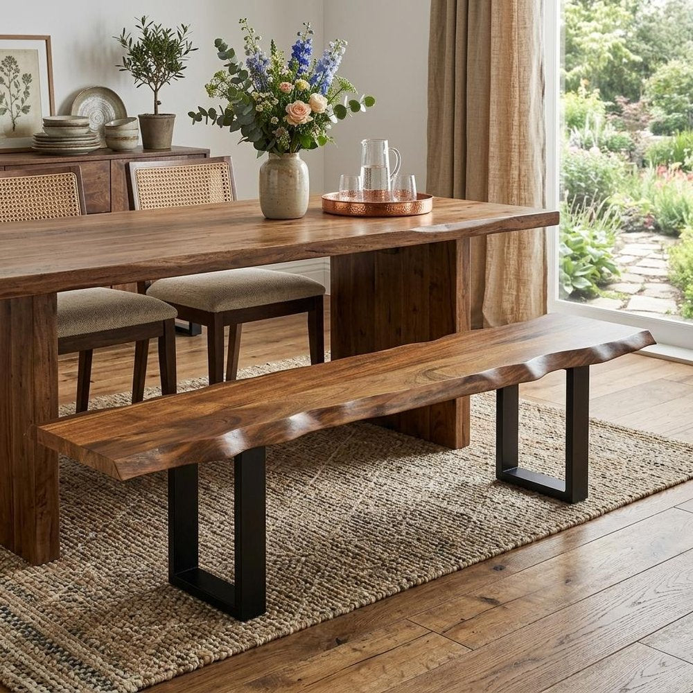 68" Brown and Black Live Edge Solid Wood Dining Bench