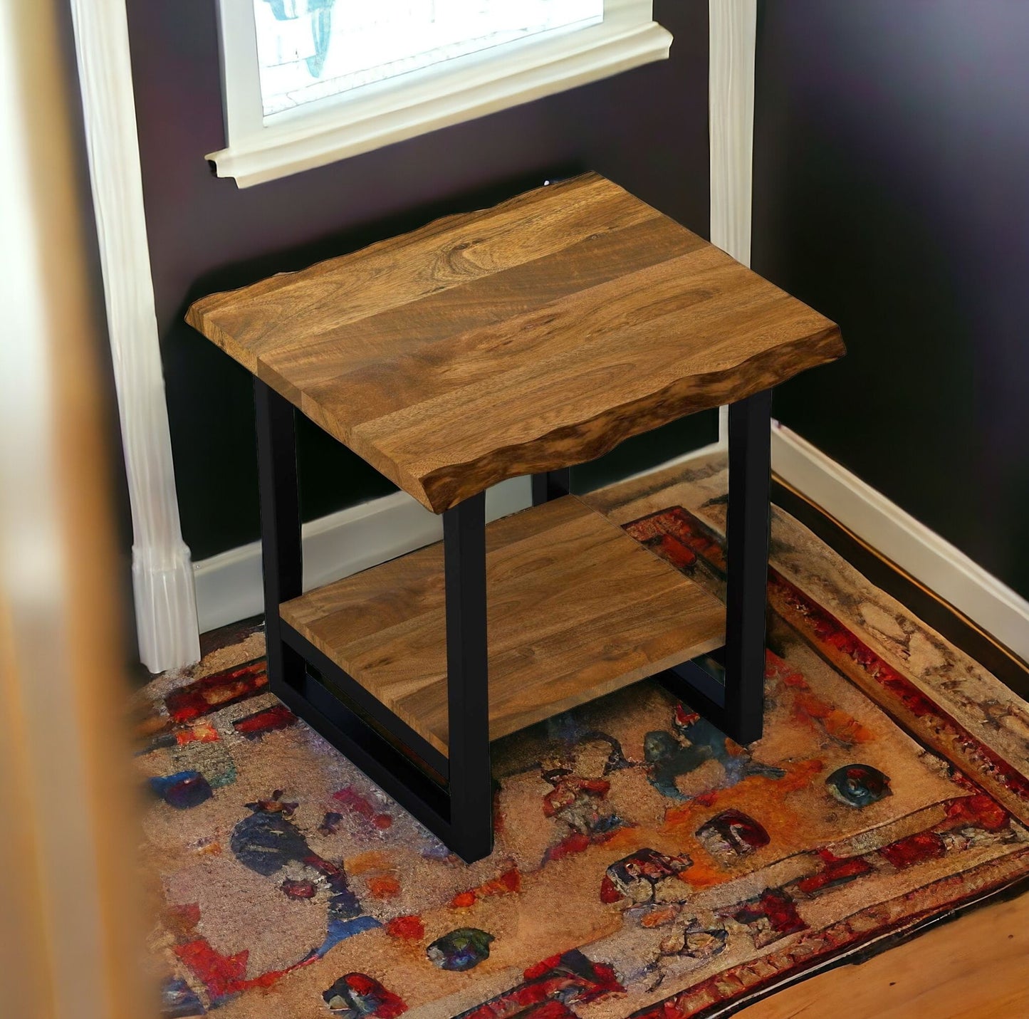 24" Black And Brown Solid Wood And Iron Square End Table With Shelf