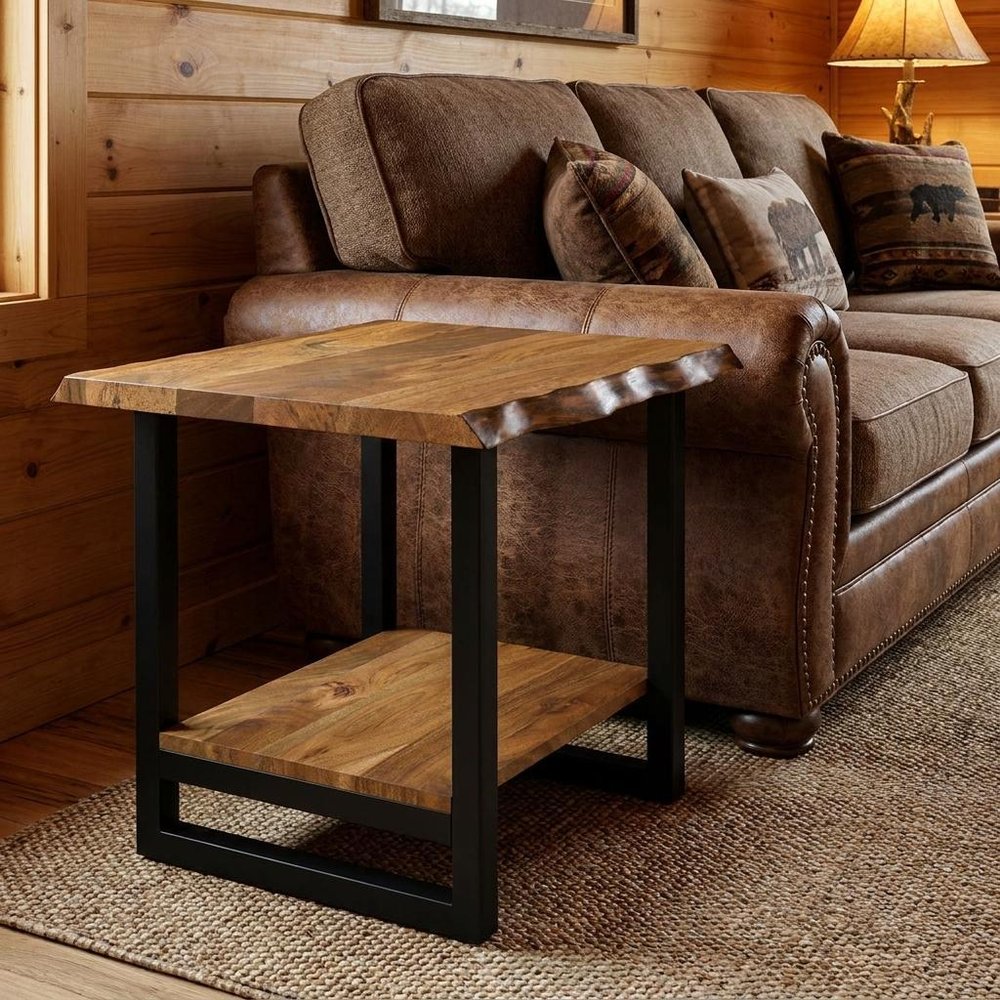 24" Brown And Black Solid Wood And Iron Square Frame End Table With Shelf
