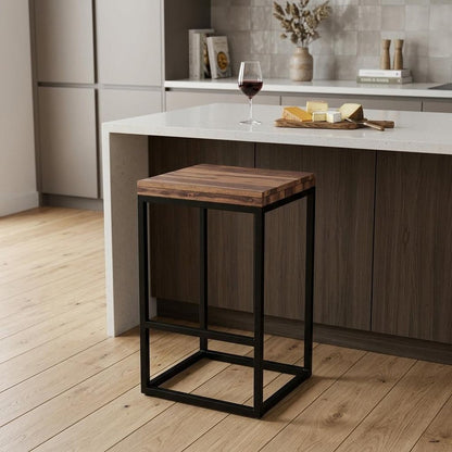 25" Brown and Black Solid Wood and Iron Backless Counter Height Bar Chair