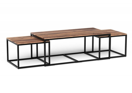 Set of three 47-inch natural wood coffee tables with black iron frames