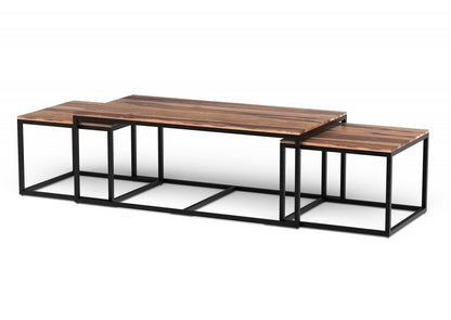 Set of three 47" natural and black solid wood and iron coffee tables