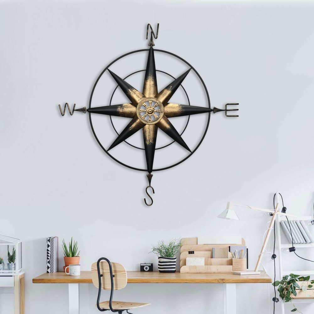 39" Black Rustic Compass Metal Wall Decor