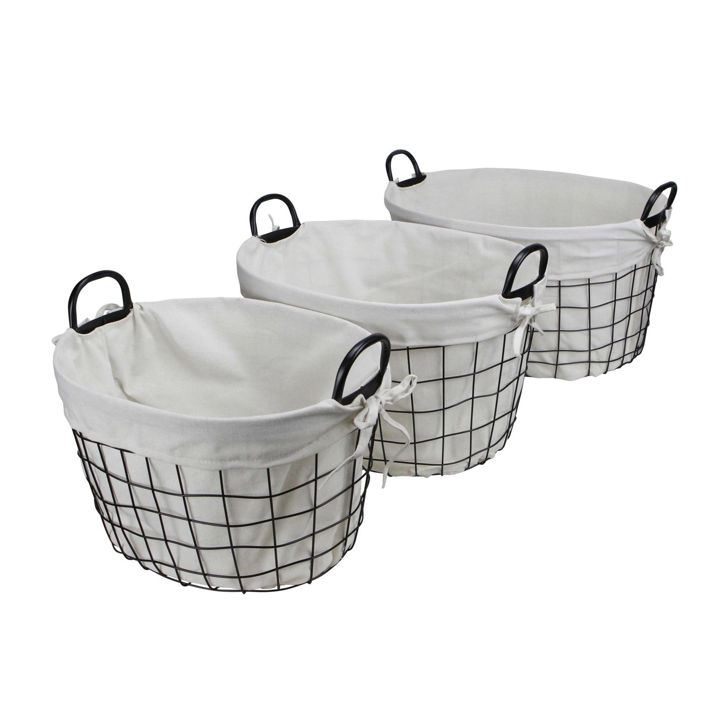 Set Of Three Black Oval Wire Baskets with White Fabric Liners and Handles