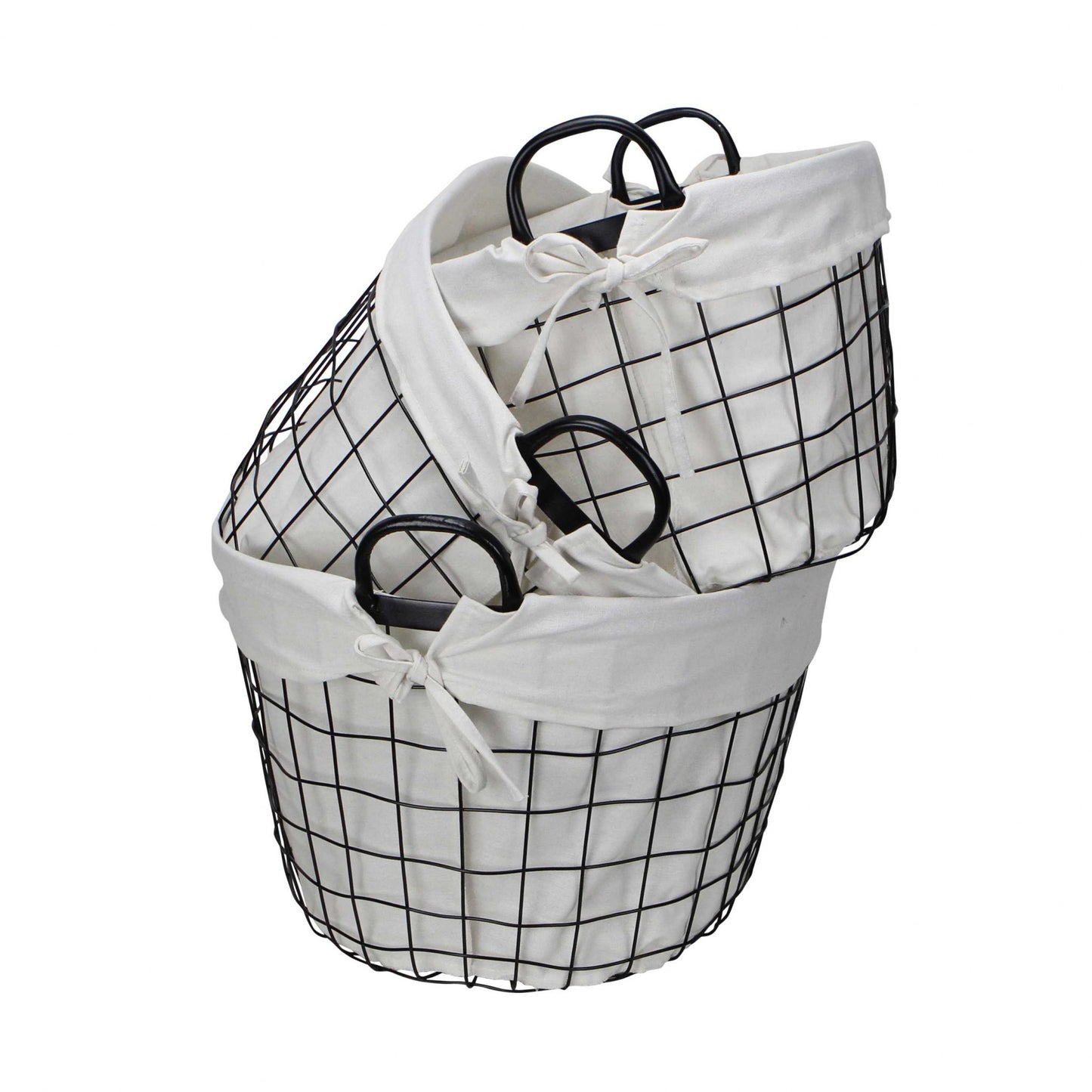 Set Of Three Black Oval Wire Baskets with White Fabric Liners and Handles