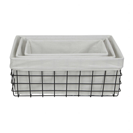 Set Of 3 Rectangular White Lined And Metal Wire Baskets