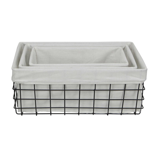 Set Of 3 Rectangular White Fabric Lined Metal Wire Baskets