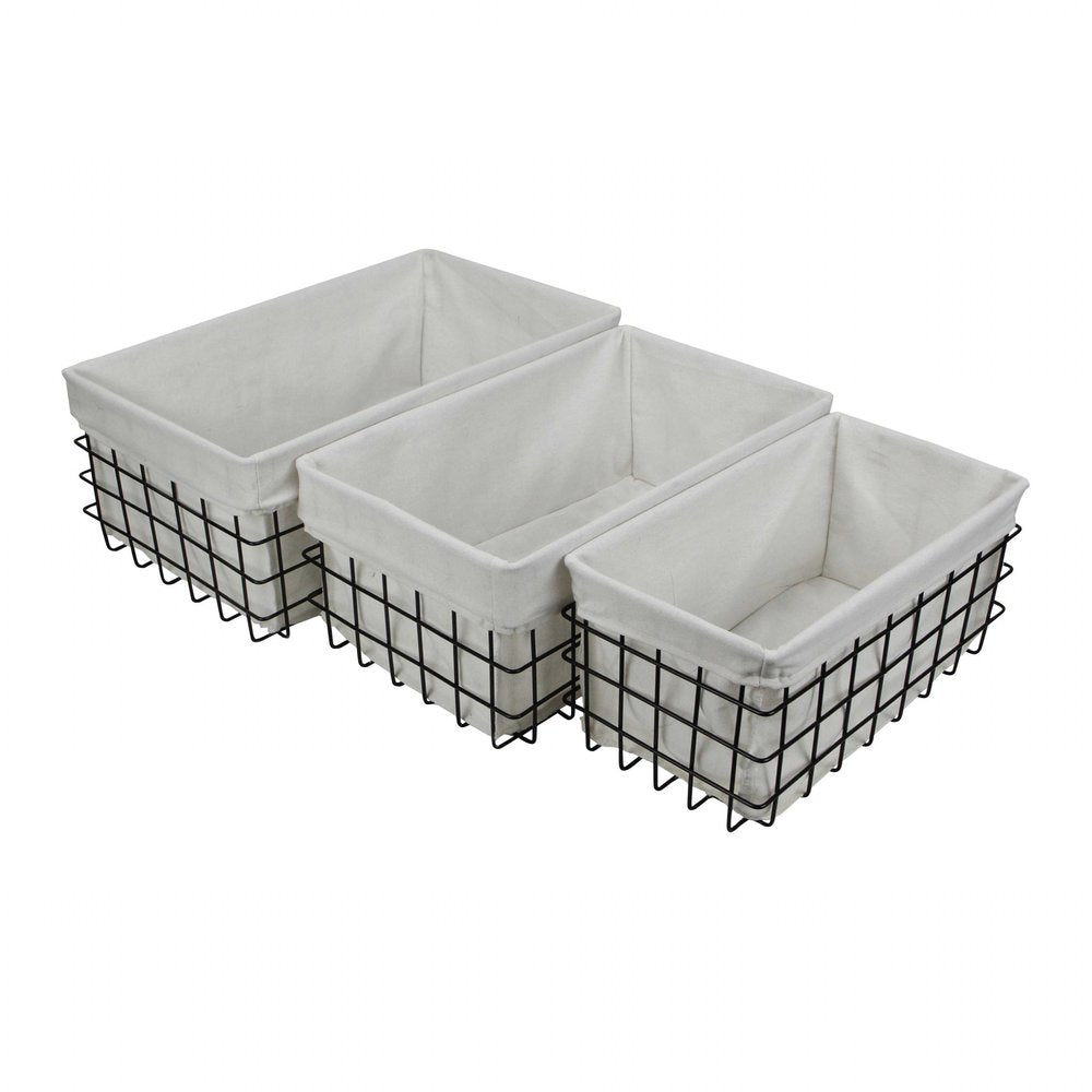 Set Of 3 Rectangular White Fabric Lined Metal Wire Baskets